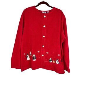Retro Christmas Holiday Sweater Red XL Fleece Snowman Festive Embroidery Classic